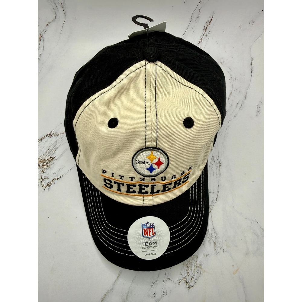 NFL Pittsburgh Steelers Hat Adjustable Cap Black Cream Two Tone Headwear NEW - Picture 2 of 13